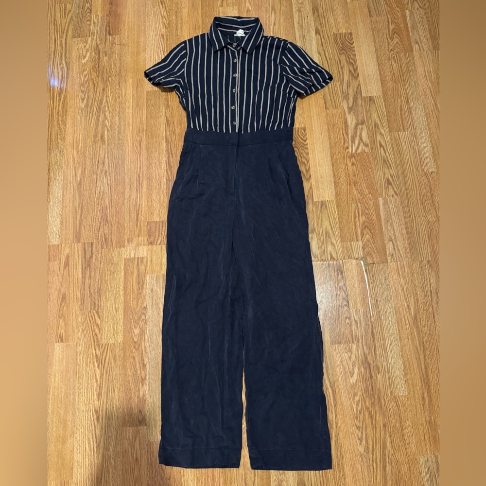 Mo:Vint New York Navy Striped collared pants  Jumpsuit